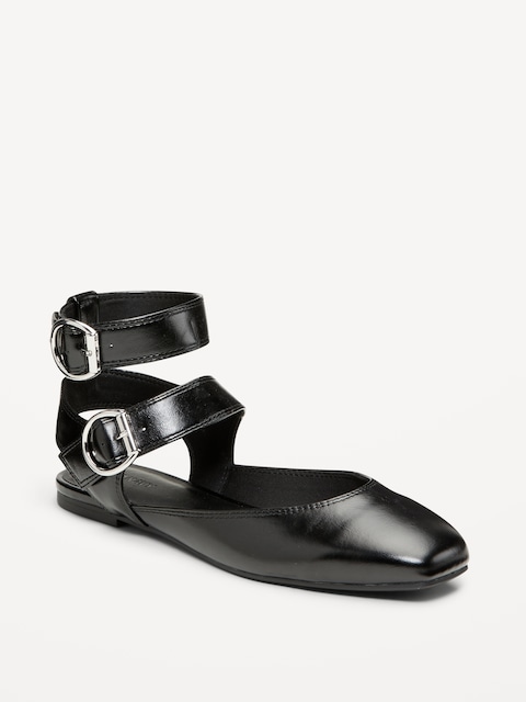 Faux-Leather Double Ankle-Strap Flats for Women
