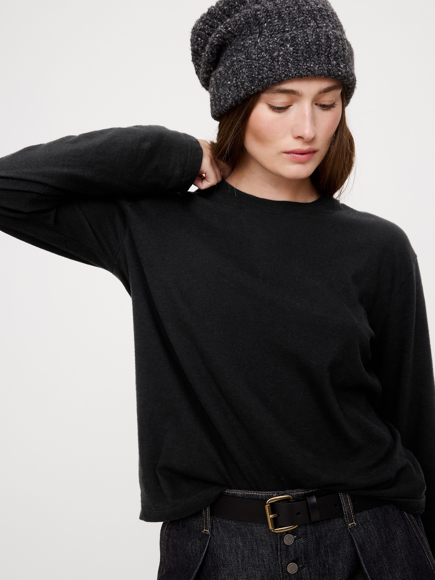 Cotton Slub Long-Sleeve Boyfriend T-Shirt