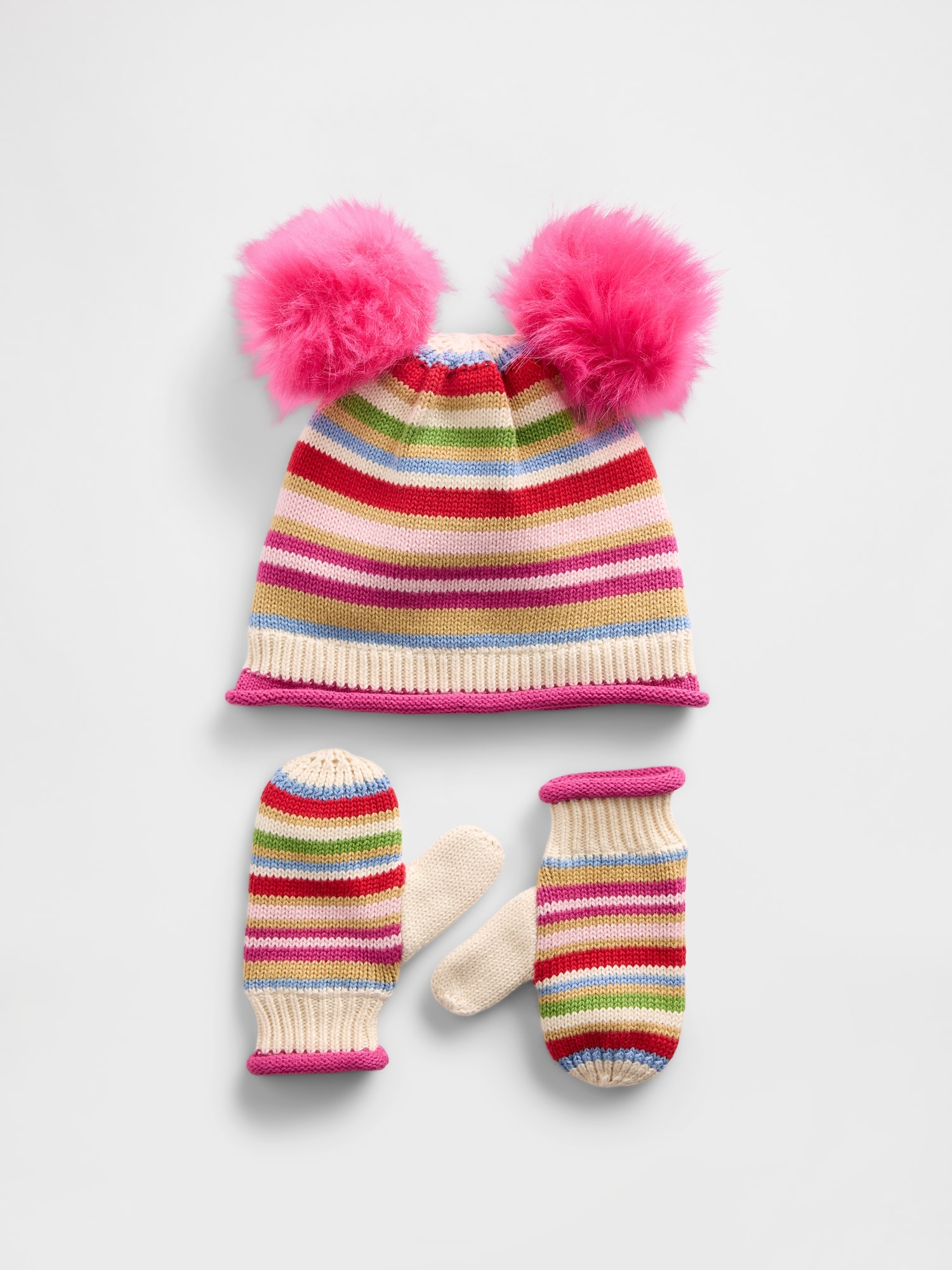 ENSEMBLE BONNET ET MITAINES À POMPON POUR BÉBÉ ET TOUT-PETIT
