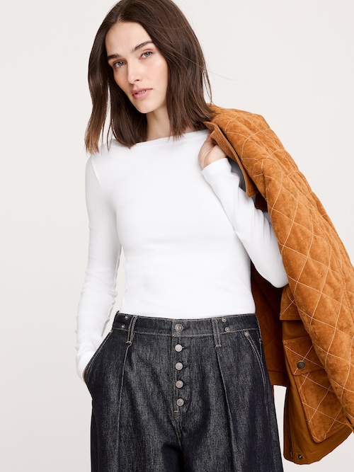 リブ ボートネックTシャツ