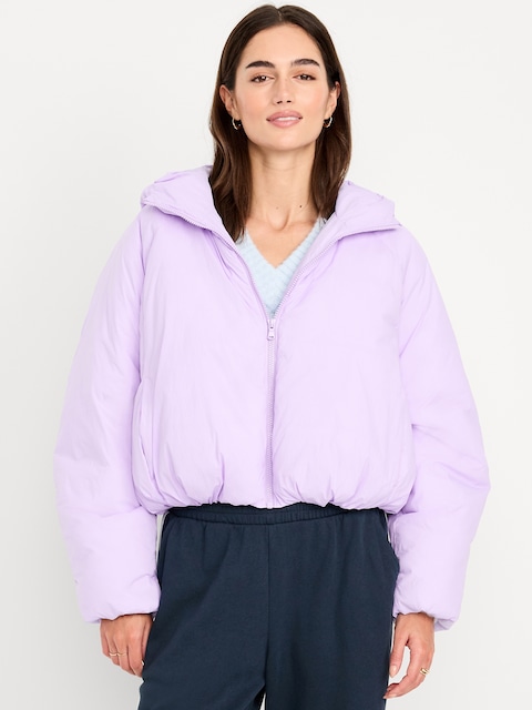 Water-Resistant Bubble-Hem Hooded Puffer Jacket