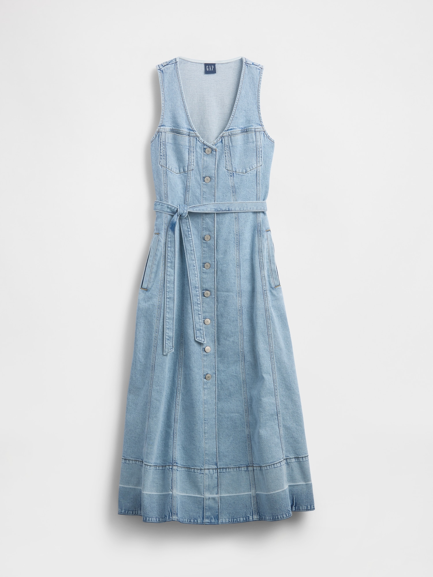Denim Tie-Belt Button-Front Maxi Dress