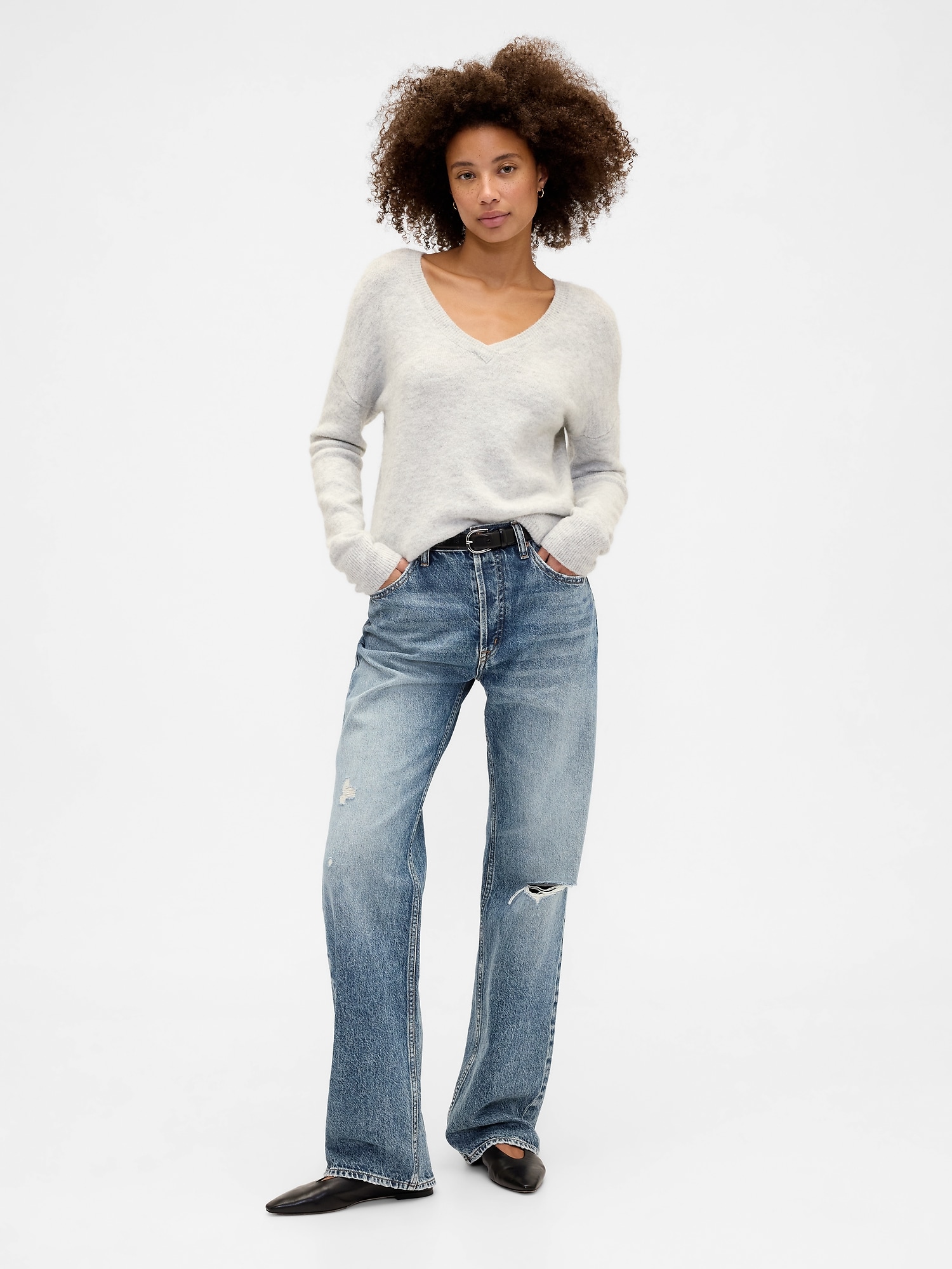Low Slung Destructed Relaxed Straight Jeans