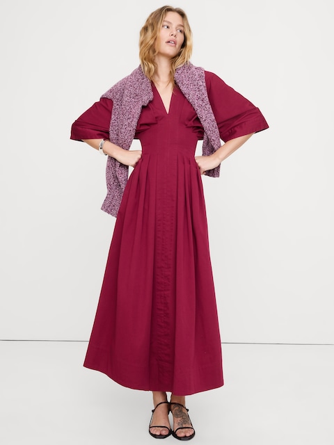 Stretch-Cotton Pleated Maxi Dress