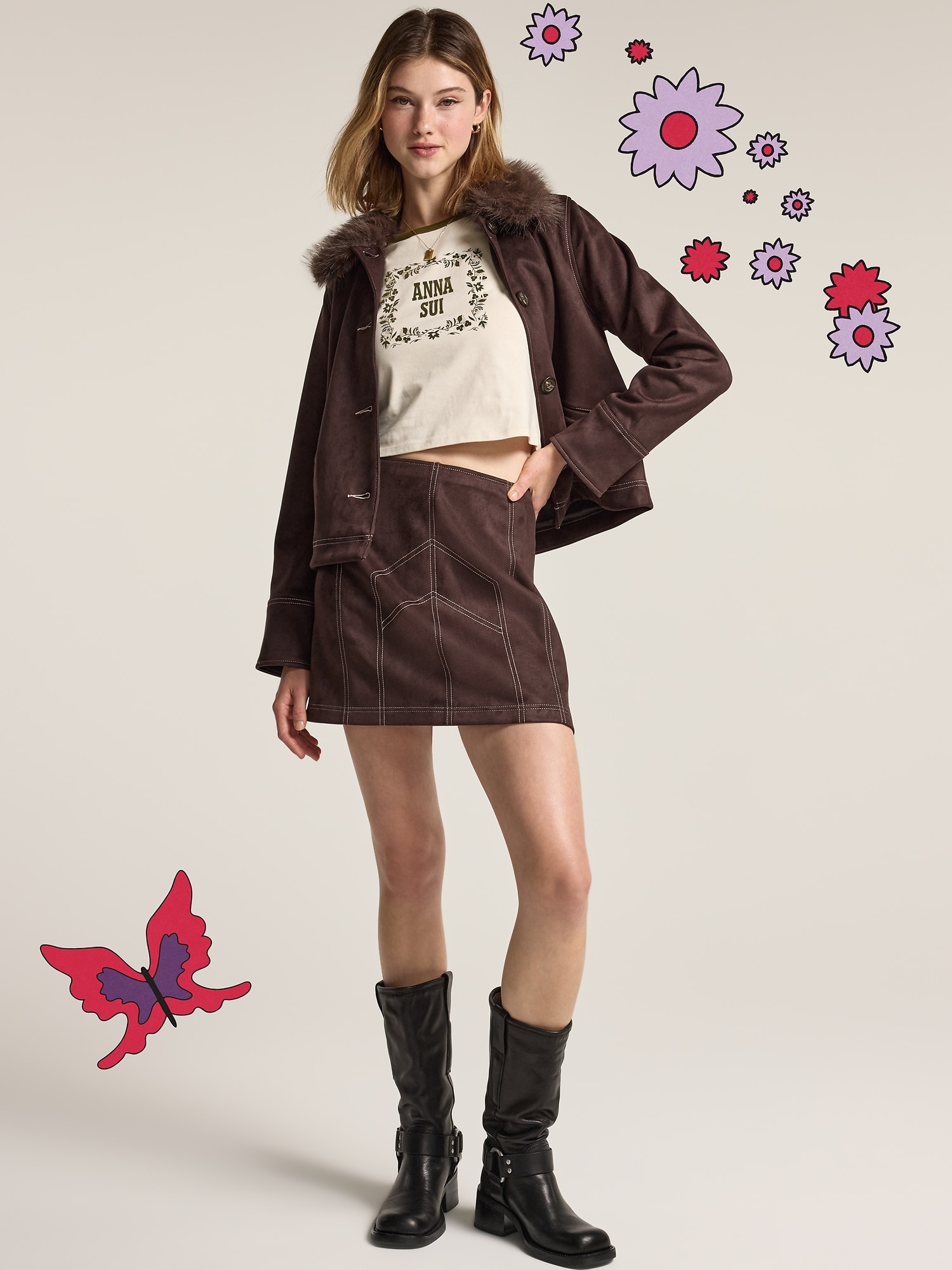JUPE COURTE EN SUÈDE VÉGANE À SURPIQÛRES OLD NAVY X ANNA SUI