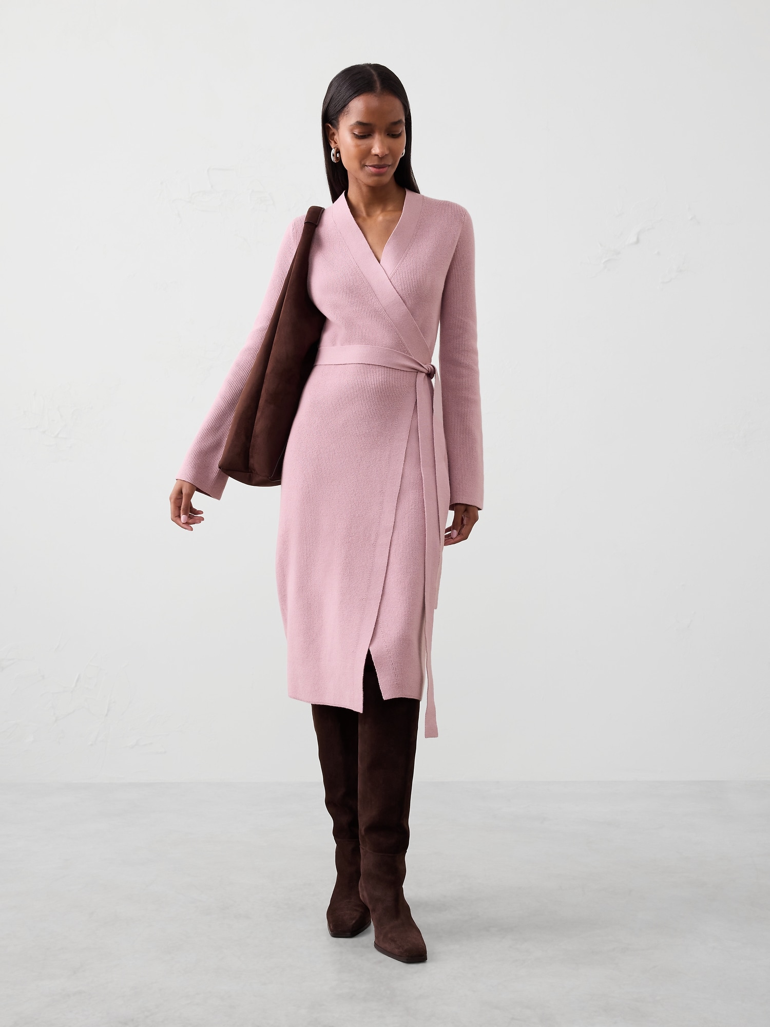 Wrap Knee-Length Sweater Dress