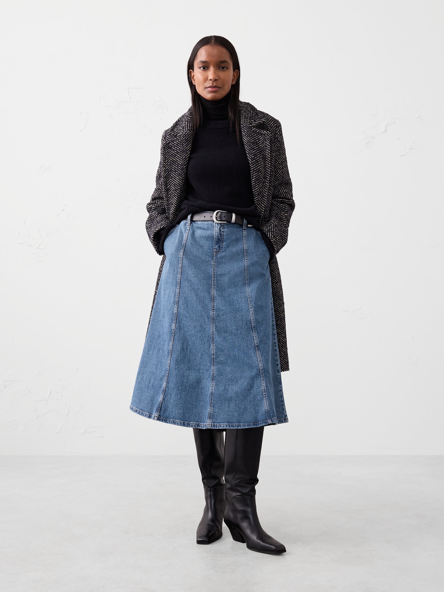 Denim Flared Midi Skirt