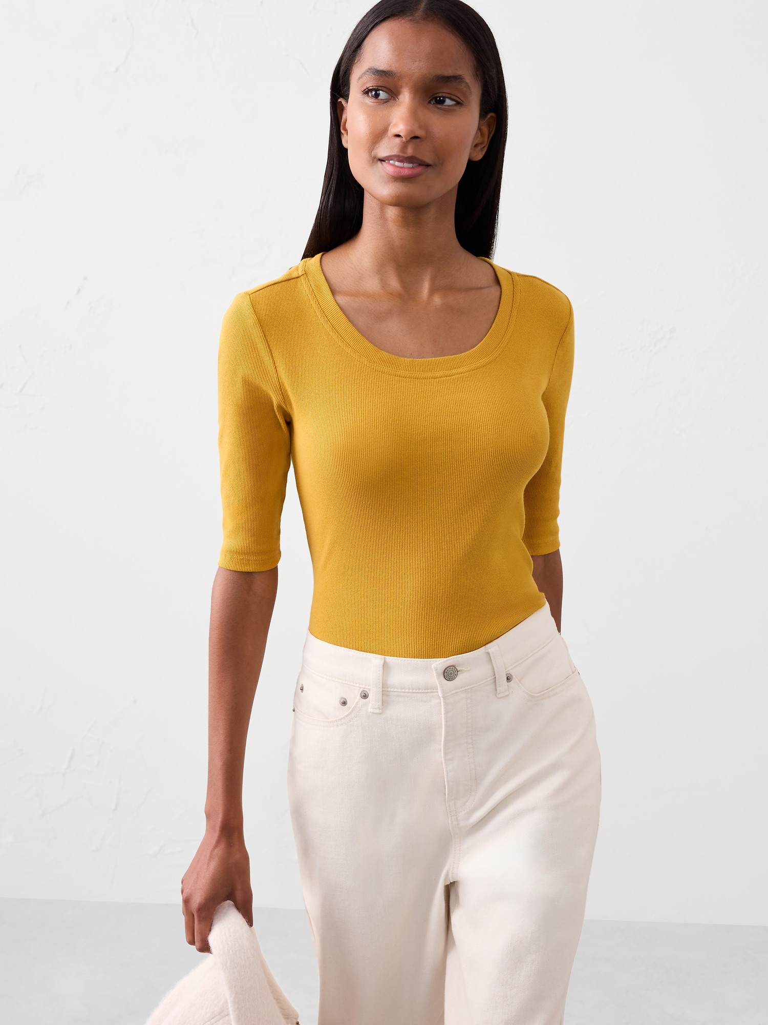 Ribbed Elbow-Sleeve T-Shirt