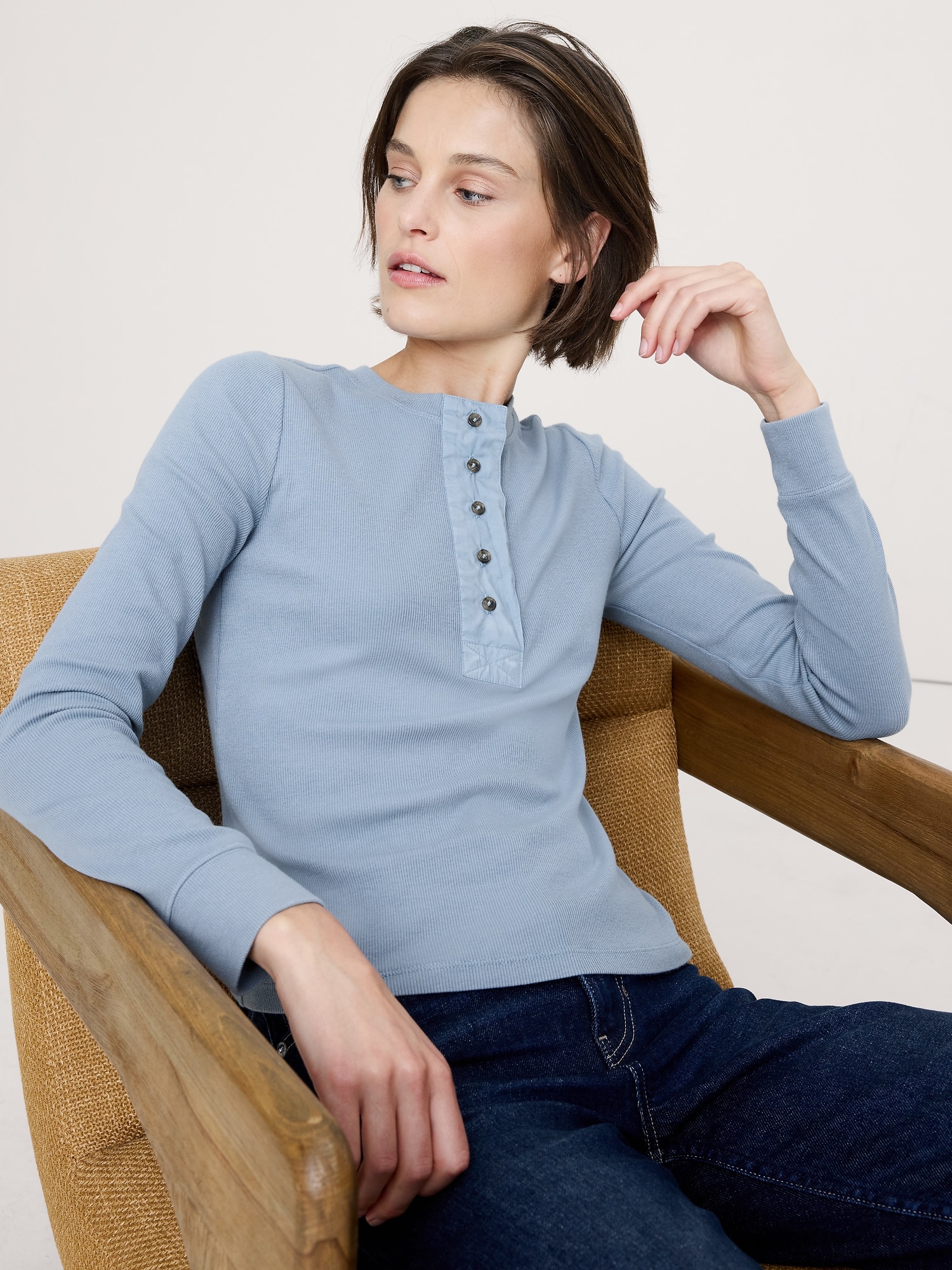 Ribbed Long-Sleeve Henley T-Shirt