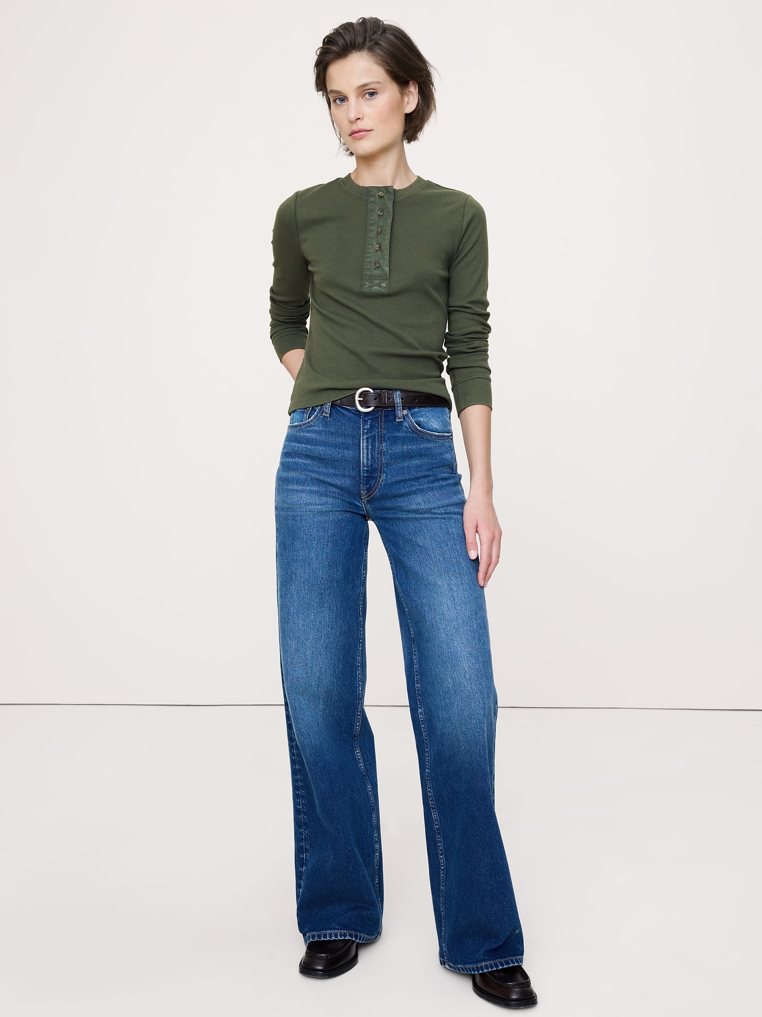 Ribbed Long-Sleeve Henley T-Shirt