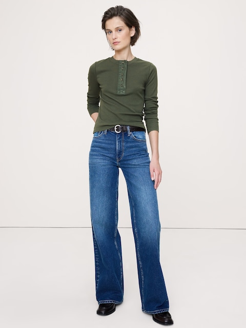 Ribbed Long-Sleeve Henley T-Shirt