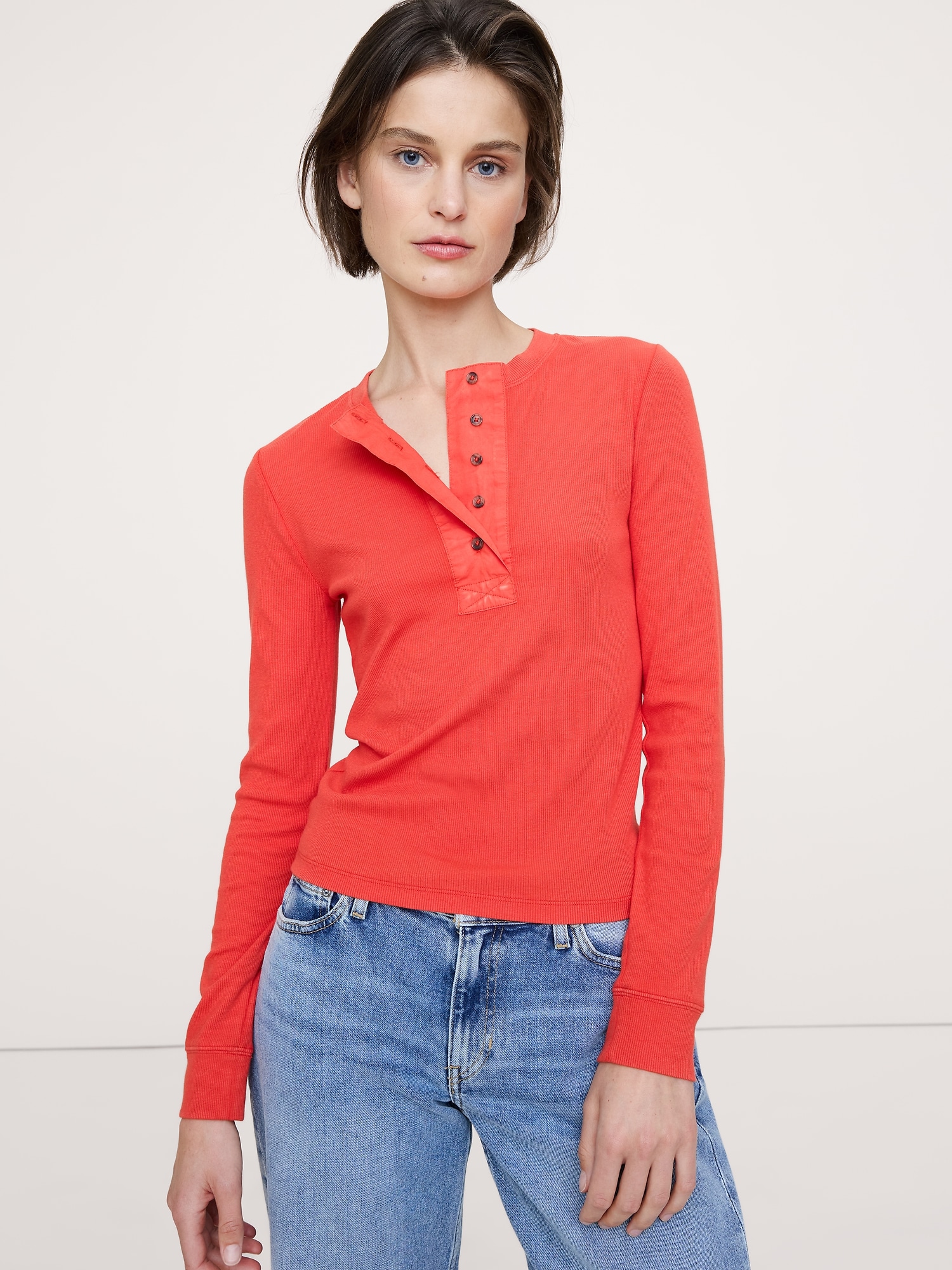 Ribbed Long-Sleeve Henley T-Shirt