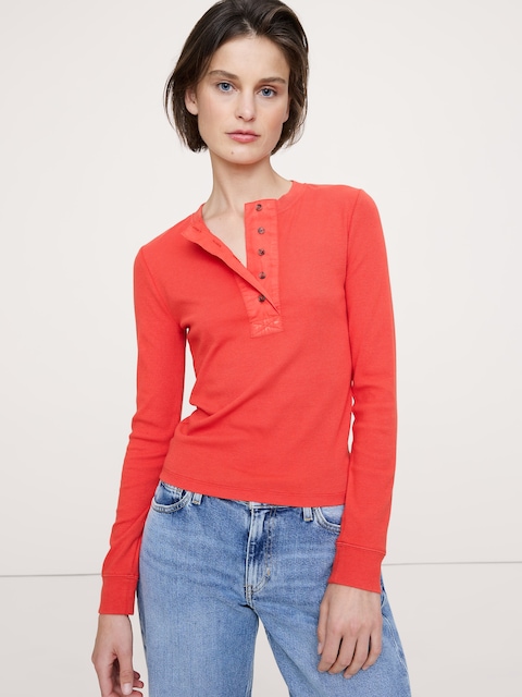 Ribbed Long-Sleeve Henley T-Shirt