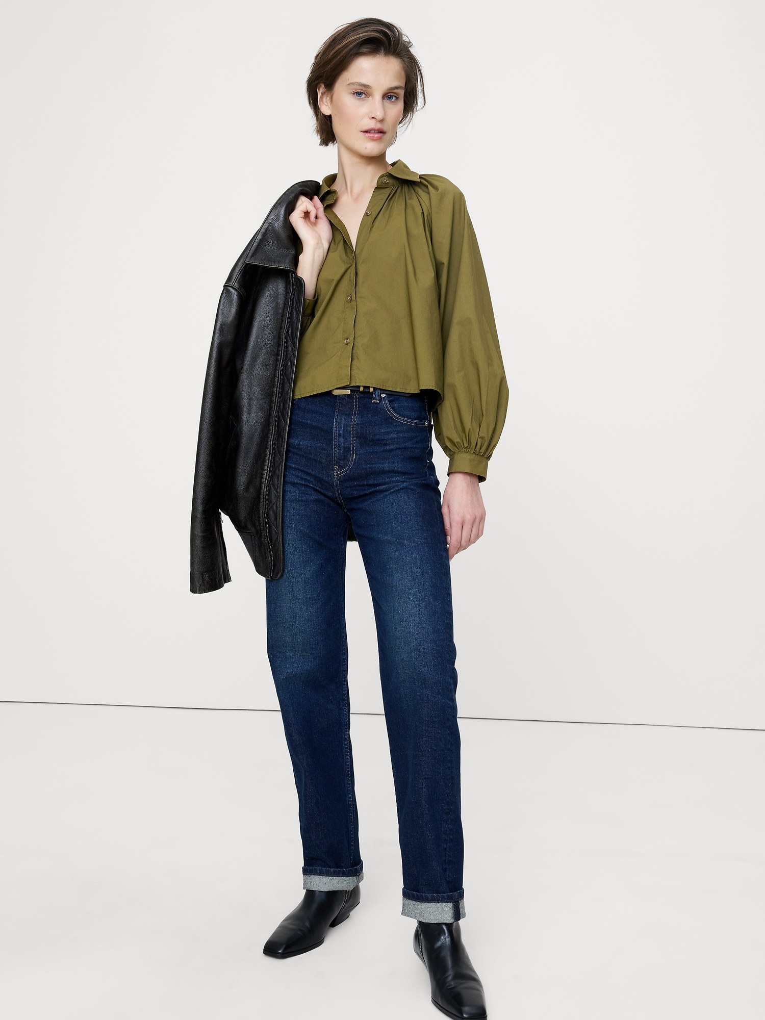 CHEMISIER EN POPELINE DE COTON À MANCHES BOUFFANTES