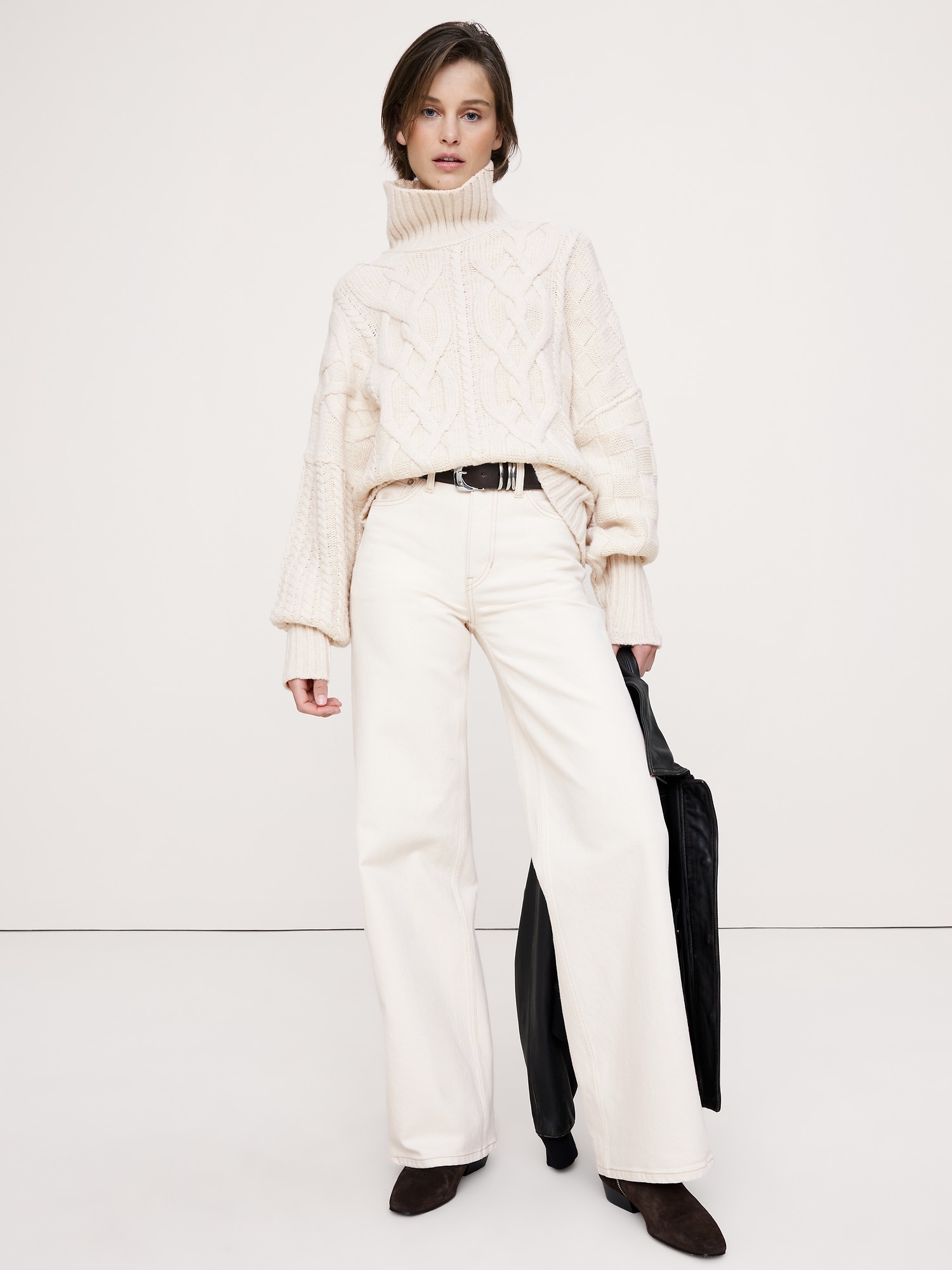 CHANDAIL À POINTS MIXTES EN MÉLANGE DE LAINE MÉRINOS ITALIENNE - Blanc