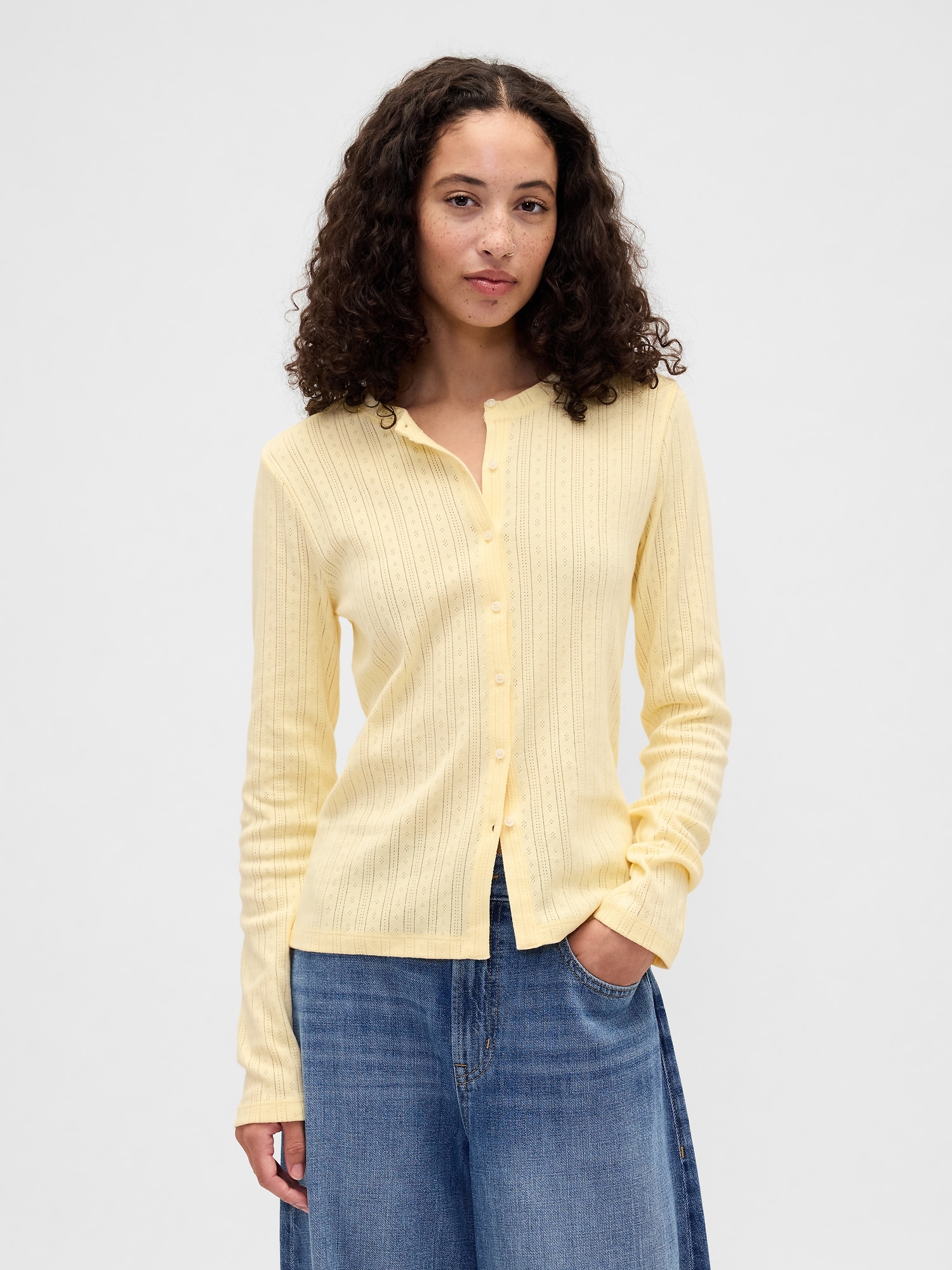 Pointelle button-up top