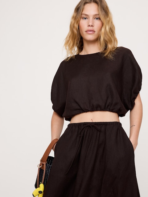 Linen Bubble-Hem Cropped Top