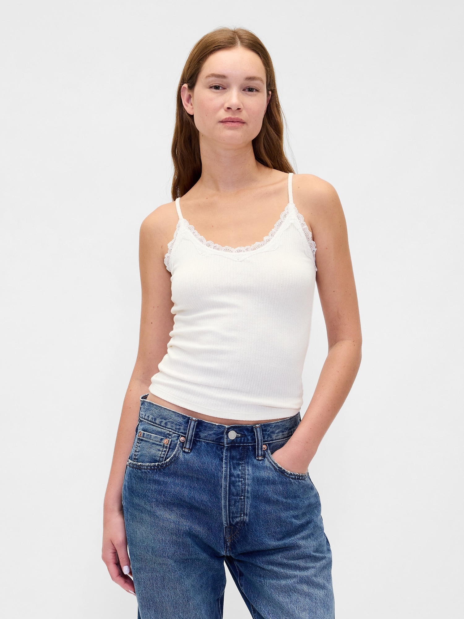 CAMISOLE EN TRICOT POINTELLE À BORDURE EN DENTELLE