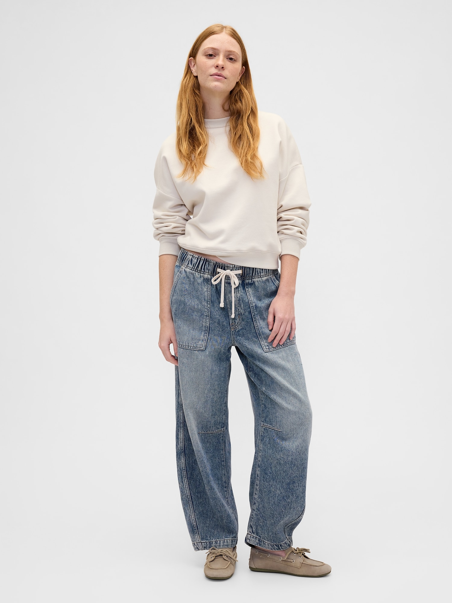 Mid rise supersoft pull-on barrel jeans