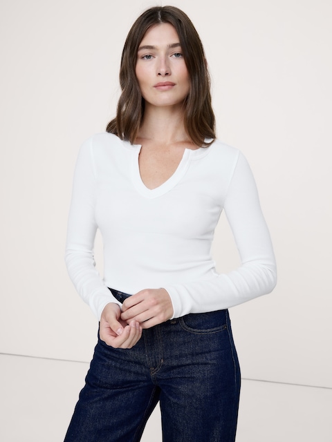 Ribbed Split-Neck T-Shirt