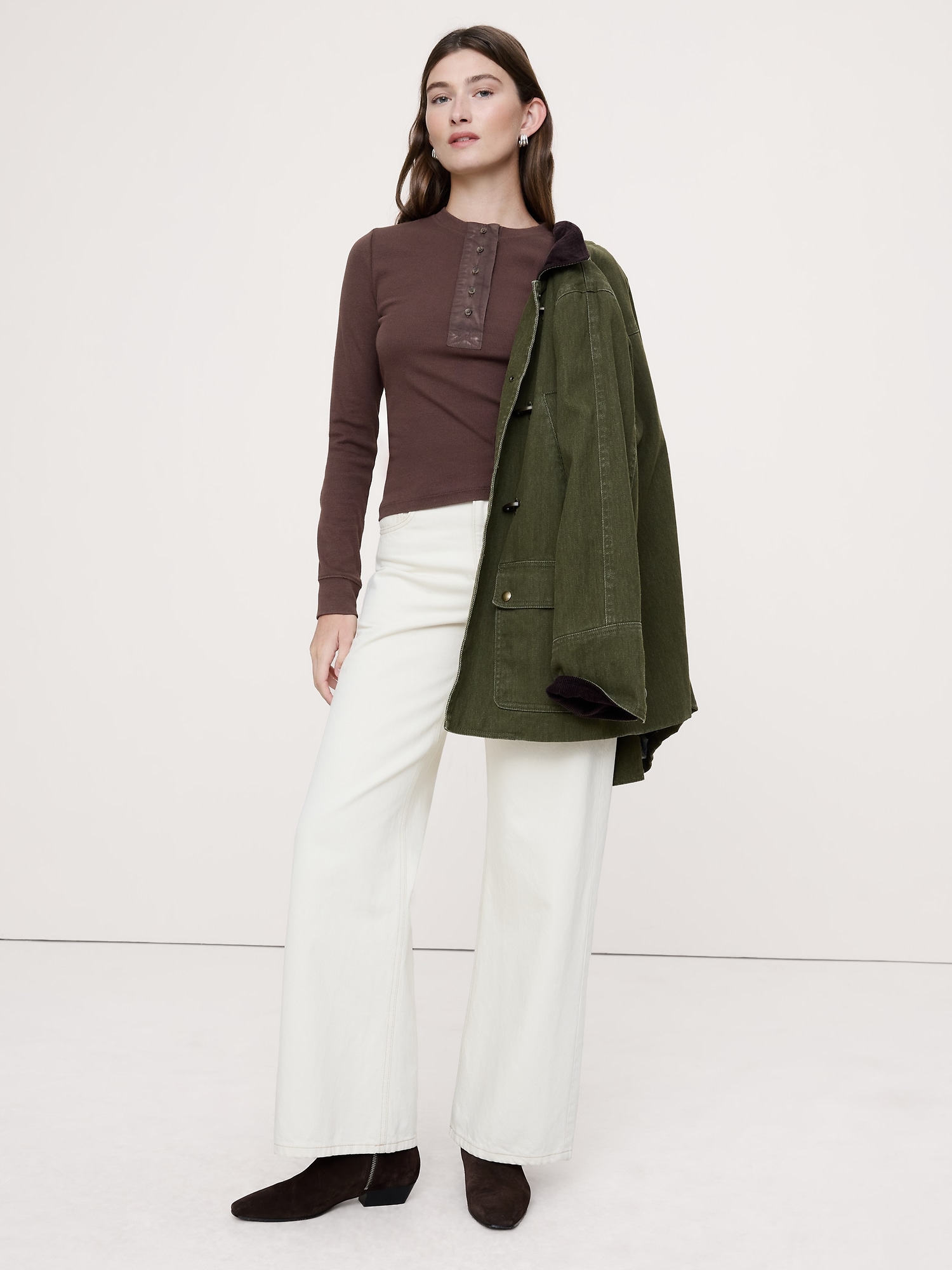 Ribbed Long-Sleeve Henley T-Shirt