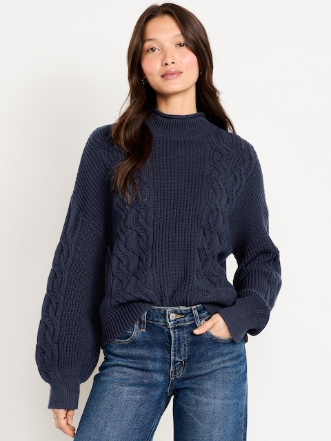 Seaside Cotton Roll-Neck Cable-Knit Sweater