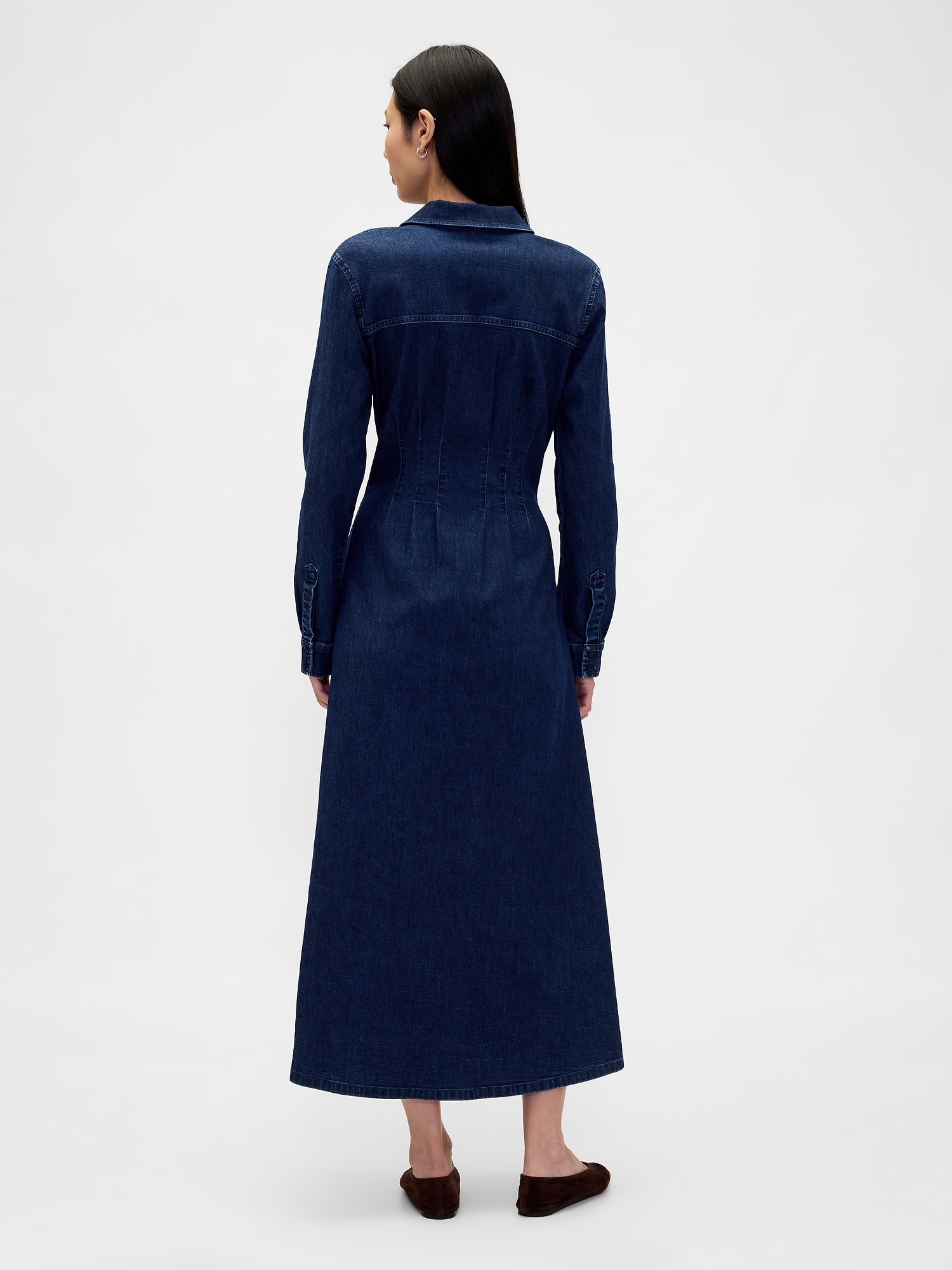 Denim Pintuck Button-Front Maxi Dress