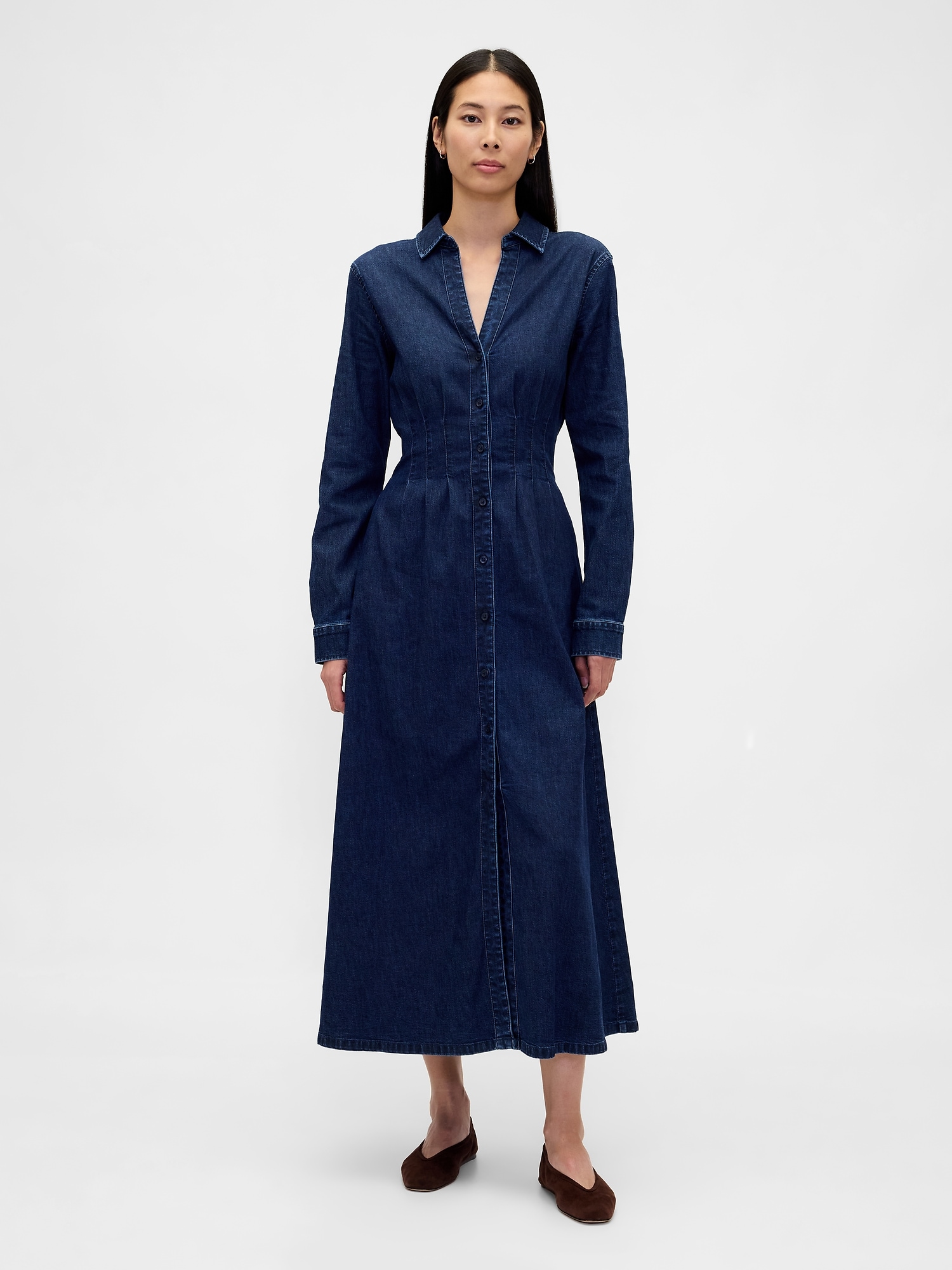 ROBE LONGUE EN DENIM NERVURÉE BOUTONNÉE À L'AVANT