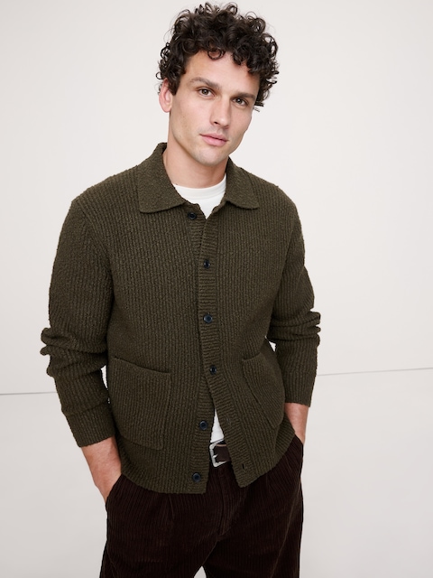 CARDIGAN À COL POLO EN TRICOT BOUCLÉ CÔTELÉ
