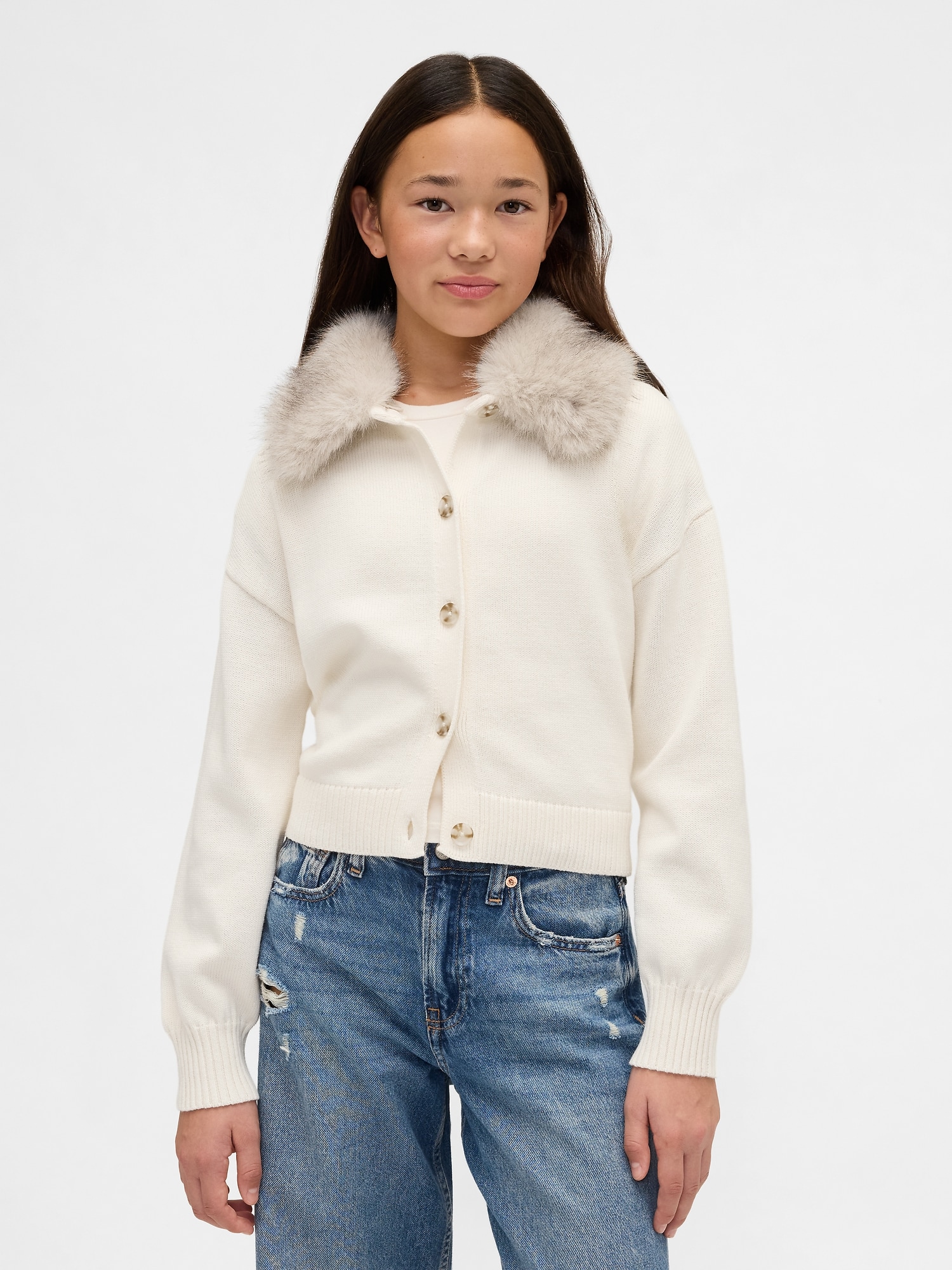 フェイクファー襟 カーディガンセーター (キッズ)-0