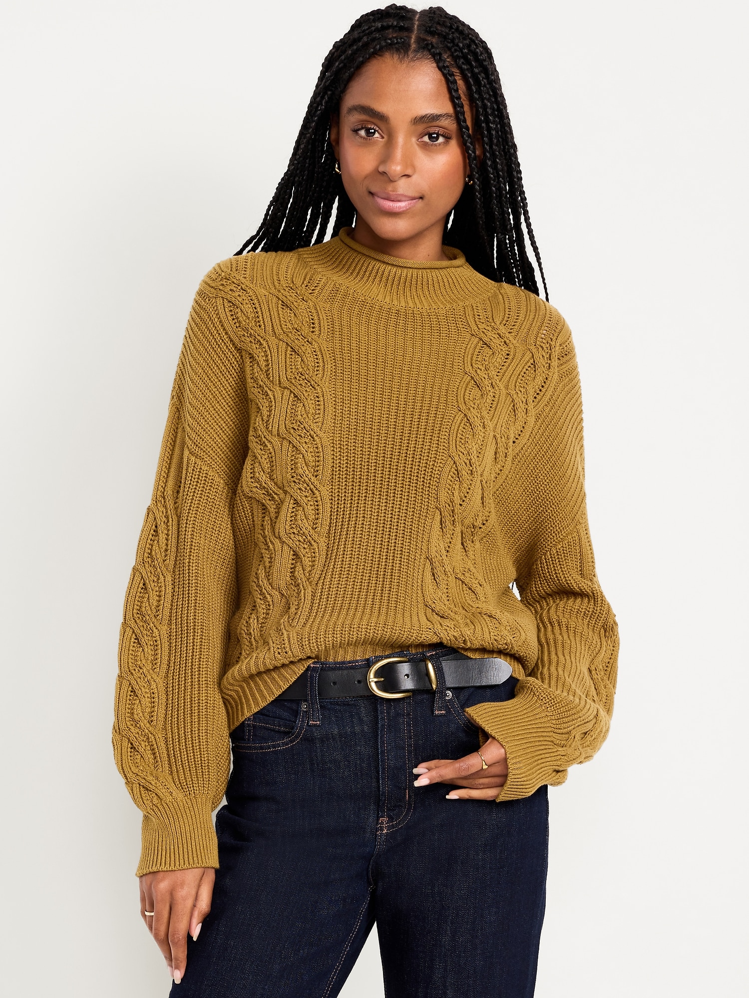 Seaside Cotton Roll-Neck Cable-Knit Sweater