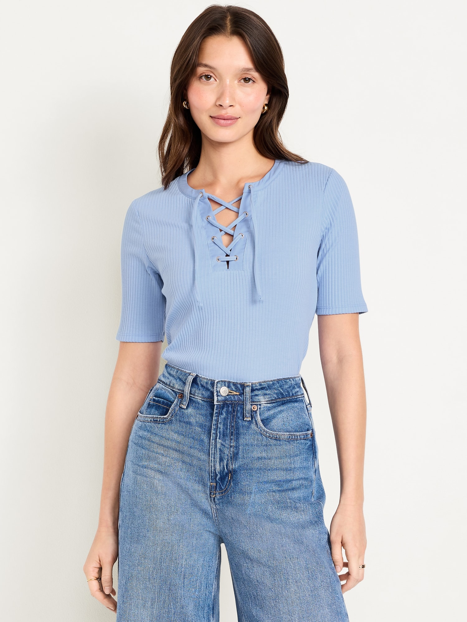 Short Sleeve Lace-Front Top