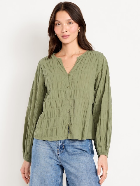 Lightweight Button-Down Smocked Top
