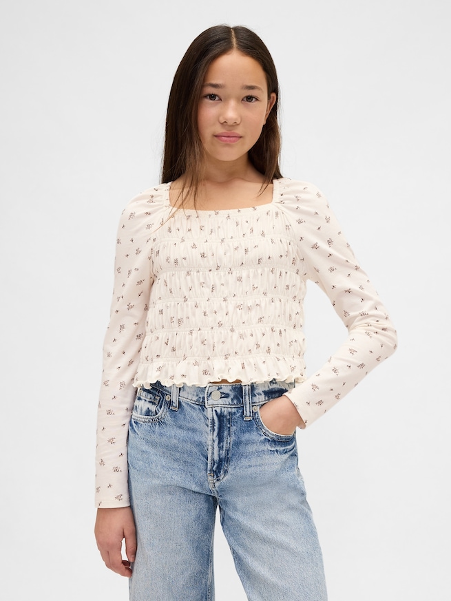 スモッキングギャザー スクエアネック トップス (キッズ)-0