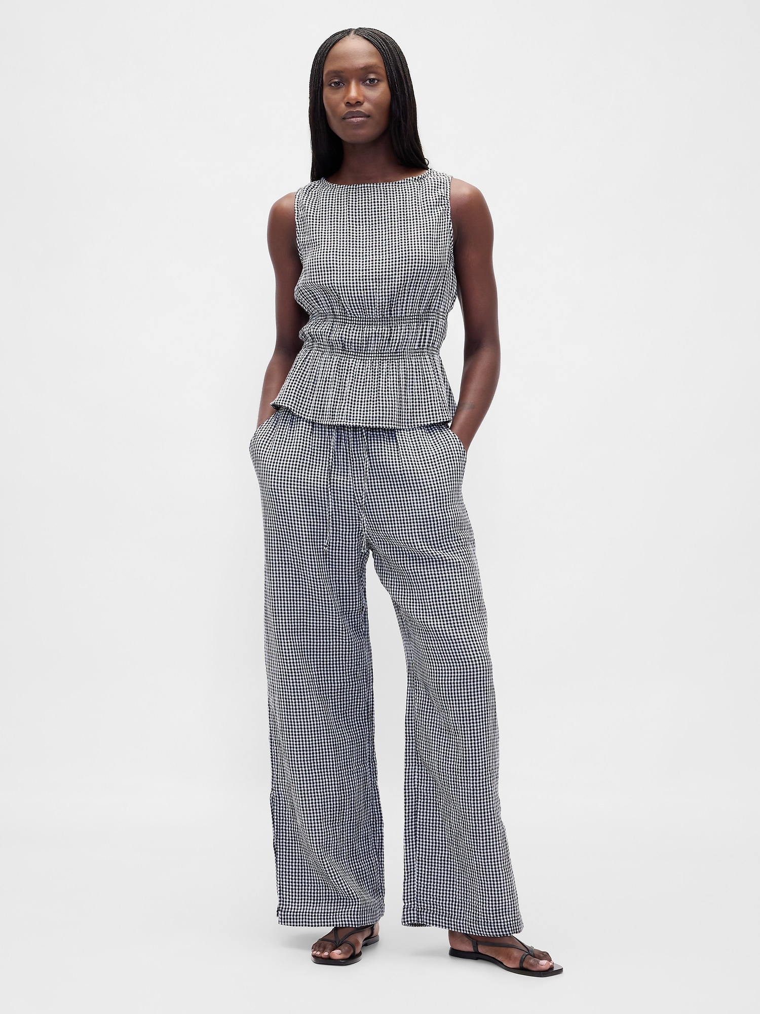 コットンガーゼ スモッキングギャザーウエスト ぺプラムトップス-1