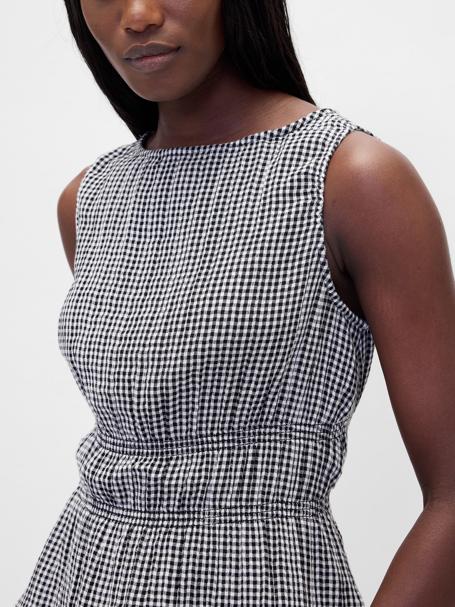 コットンガーゼ スモッキングギャザーウエスト ぺプラムトップス-3