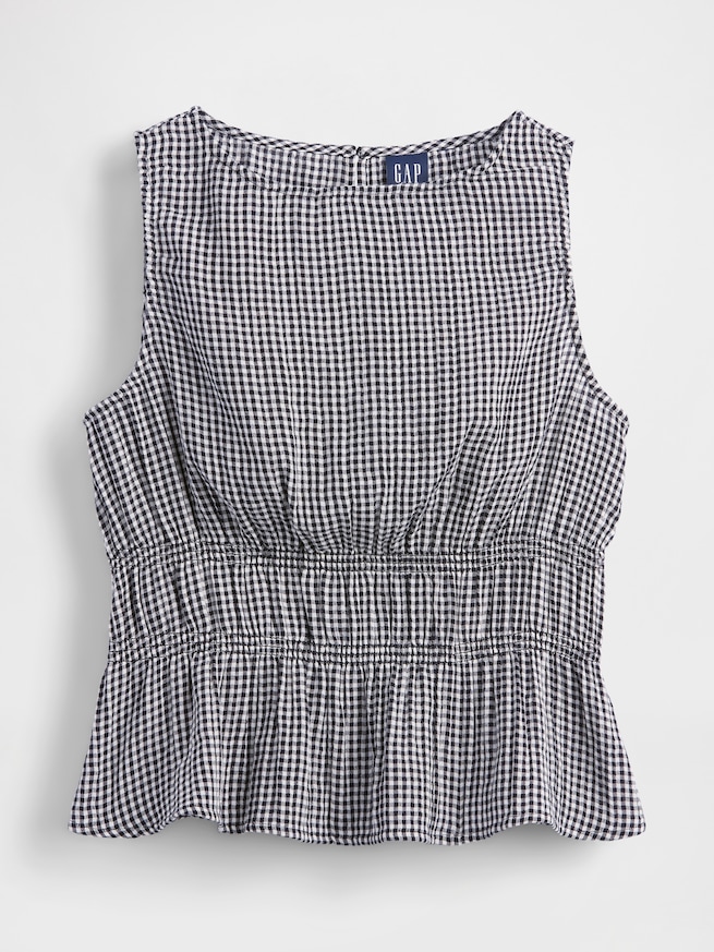 コットンガーゼ スモッキングギャザーウエスト ぺプラムトップス-4