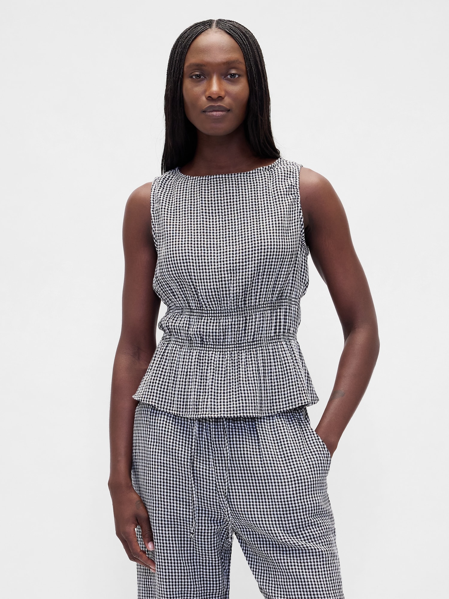 コットンガーゼ スモッキングギャザーウエスト ぺプラムトップス-0