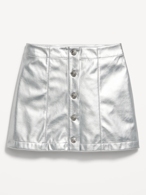 Faux-Leather Silver Shine Button-Front Skirt for Girls