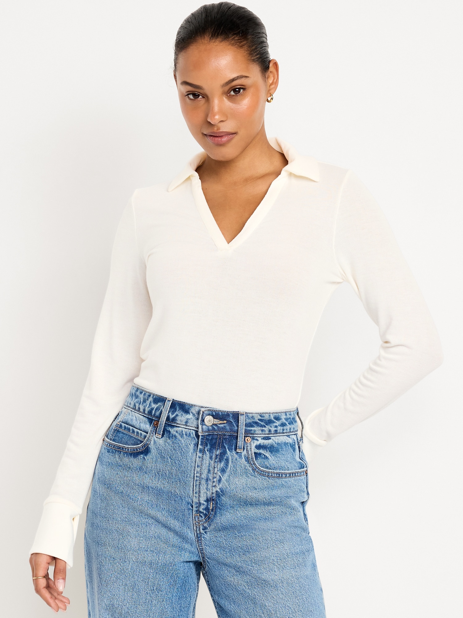 Split-Neck Long-Sleeve Pullover Shirt