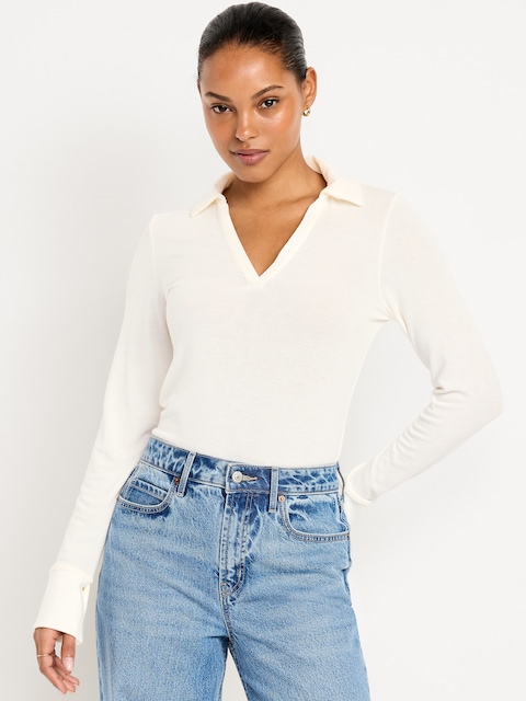 Split-Neck Long-Sleeve Pullover Shirt