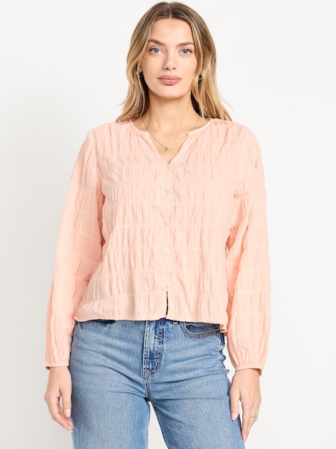 Lightweight Button-Down Smocked Top