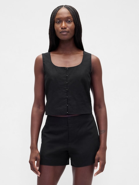 Linen-Blend Hook-Front Crop Shell Top