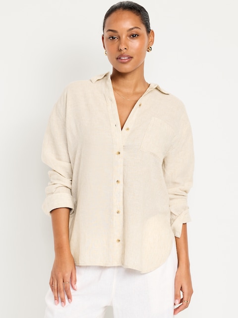 Linen-Blend Loose Button-Down Shirt
