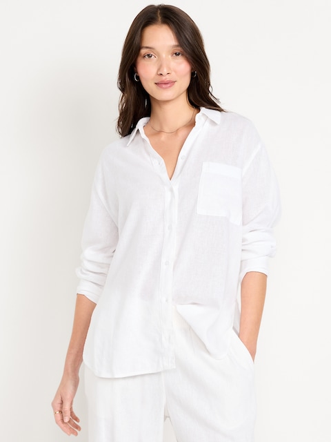 Linen-Blend Loose Button-Down Shirt