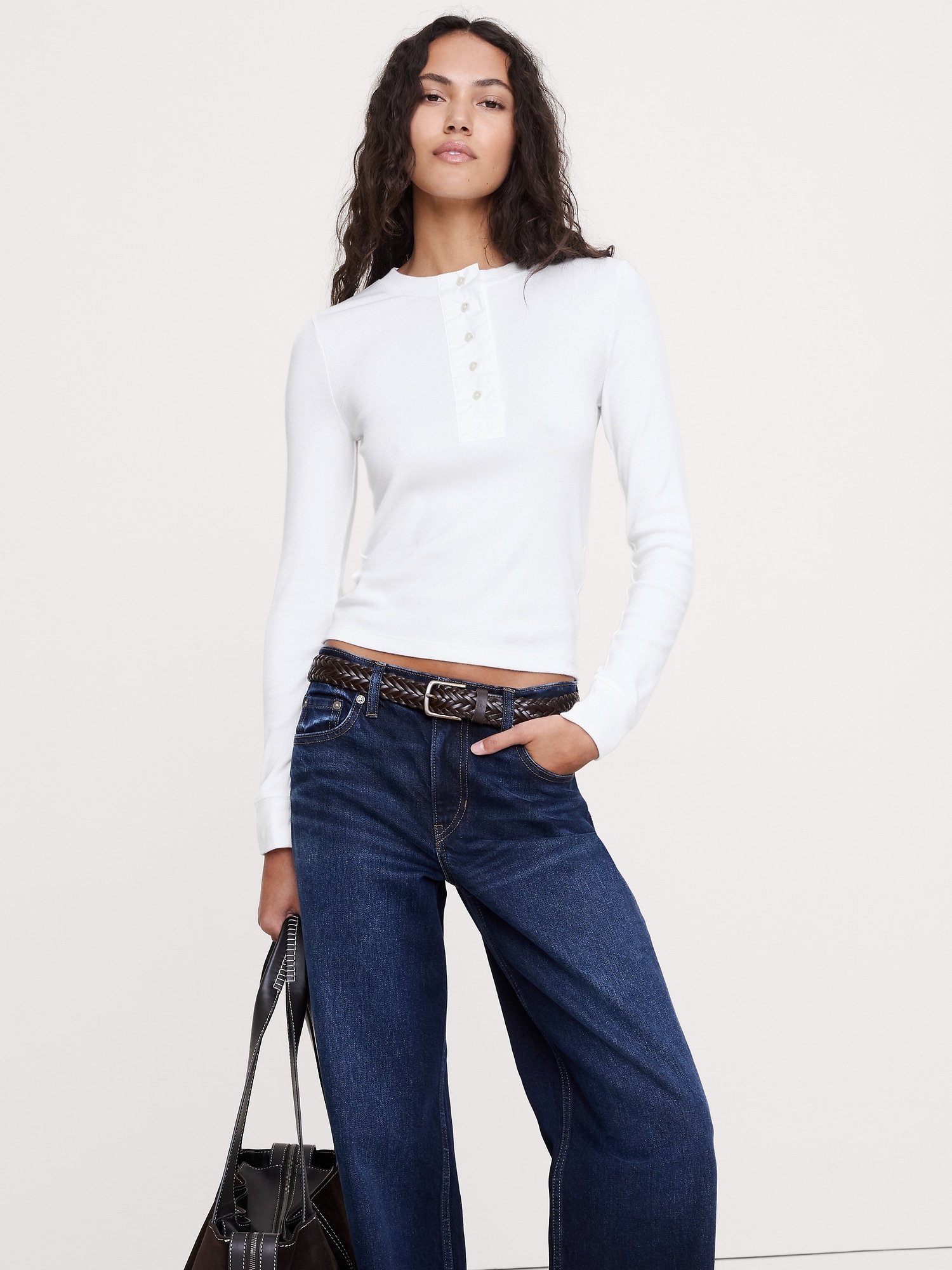 Ribbed Long-Sleeve Henley T-Shirt