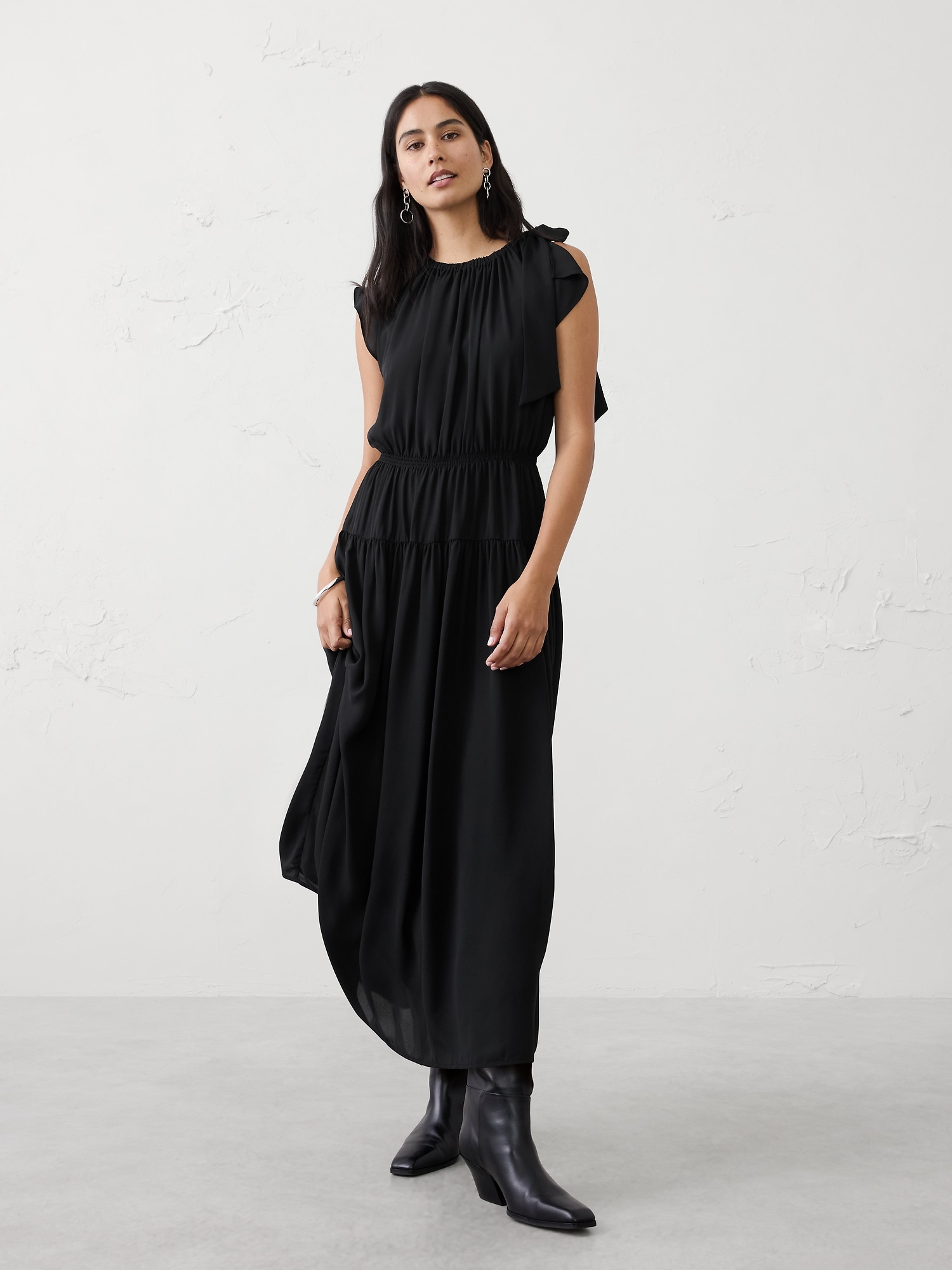 Shirred-Neck Drop-Waist Midi Dress