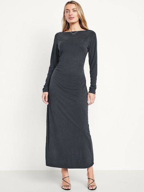 Boat-Neck Ruched Maxi Dress