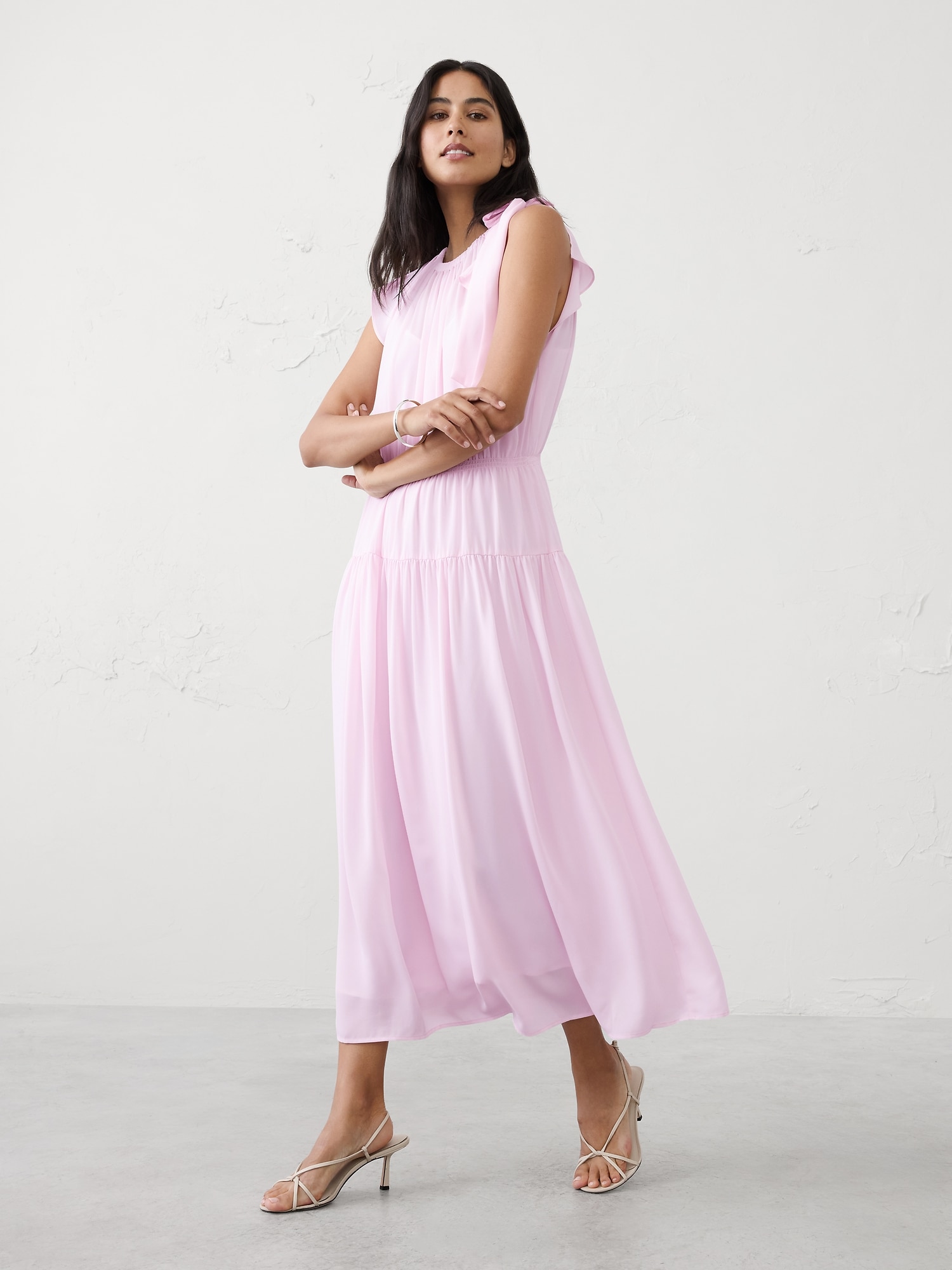 Shirred-Neck Drop-Waist Midi Dress