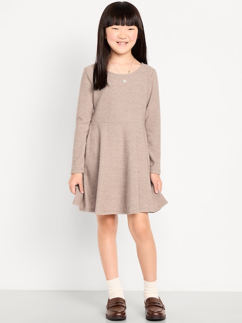 Cozy Long-Sleeve Ribbed Fit and Flare Dress for Girls